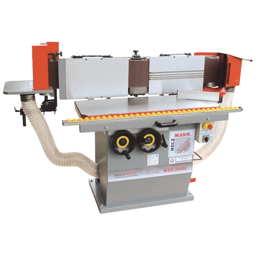 Oscillerende kantenschuurmachine, tafel afmeting 960x350 mm, schuurband afmeting 3000 x 200 mm, schuurbandsnelheid 20lm/sec, aanslag voor fijn schuren van overplakte panelen